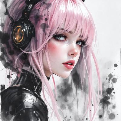 The primary subject of the image is a woman wearing headphones and lipstick. She is posing for the camera with a confident expression. The setting is a black and white background, which adds a vintage feel to the image. The visual style is a combination of digital art and illustration, creating a unique and artistic representation of the woman. The colors and mood of the image are predominantly black and white, giving it a classic and timeless appearance.